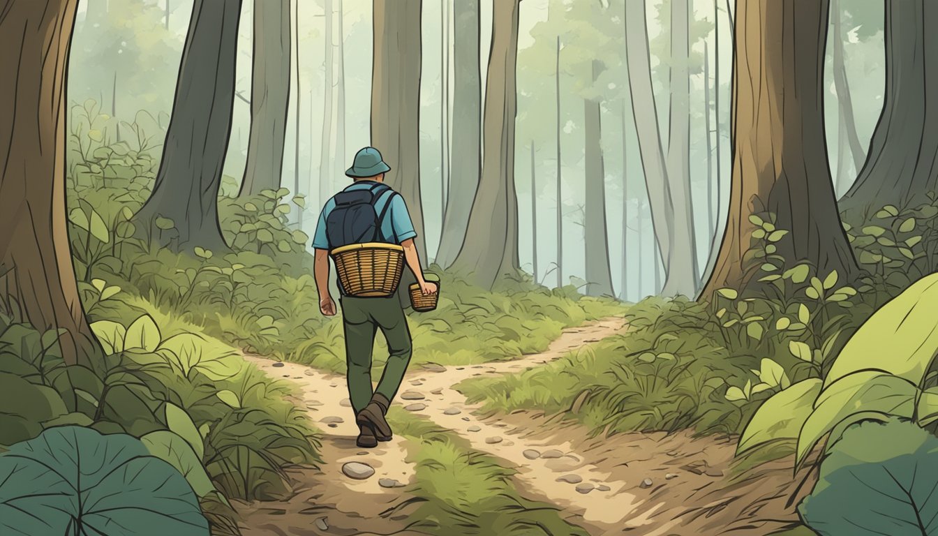 A person carrying a basket walks through a forest, carefully examining the ground for mushrooms. They wear sturdy boots and carry a guidebook