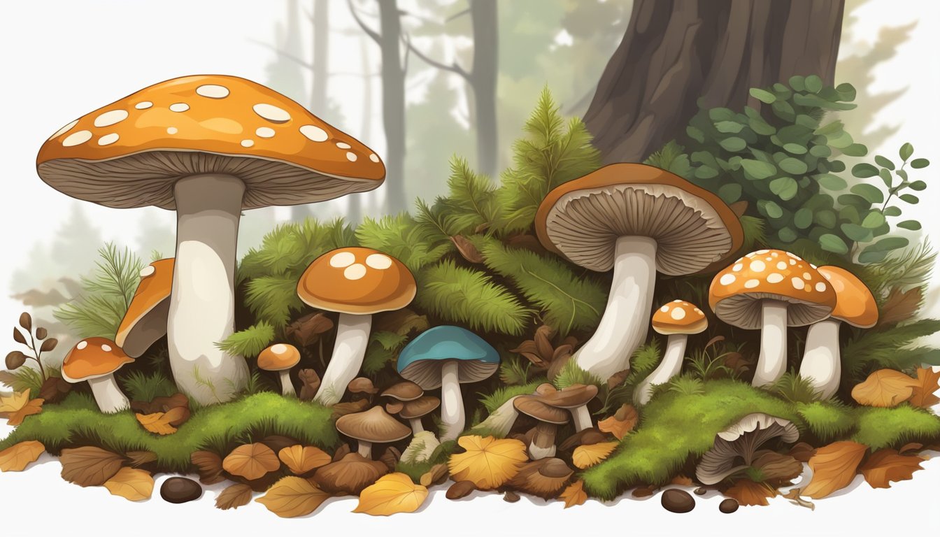 A forest floor with various types of mushrooms growing among fallen leaves and moss