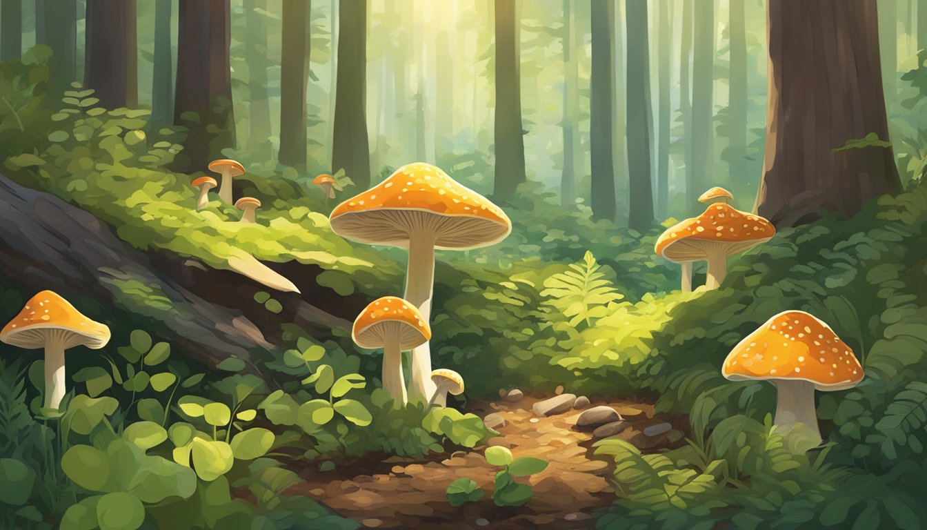 A lush forest floor in Maine, with dappled sunlight filtering through the trees. Mushrooms of various shapes and sizes sprout from the damp earth