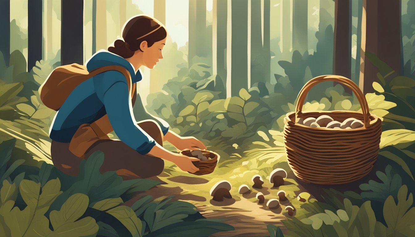 A person in a forest, gathering wild mushrooms and placing them in a woven basket. The sunlight filters through the trees, casting dappled shadows on the forest floor