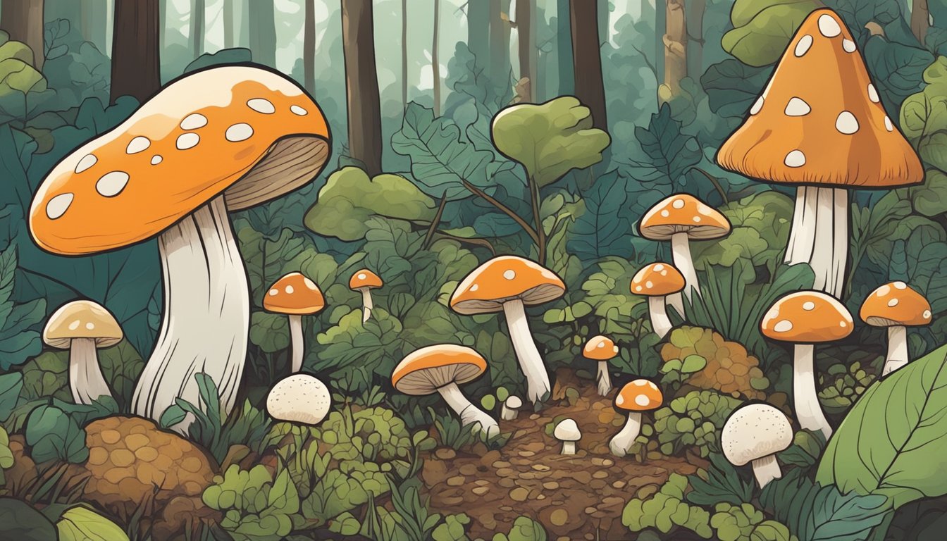 A forest floor with mushrooms of various sizes and colors being carefully harvested by a person using sustainable practices