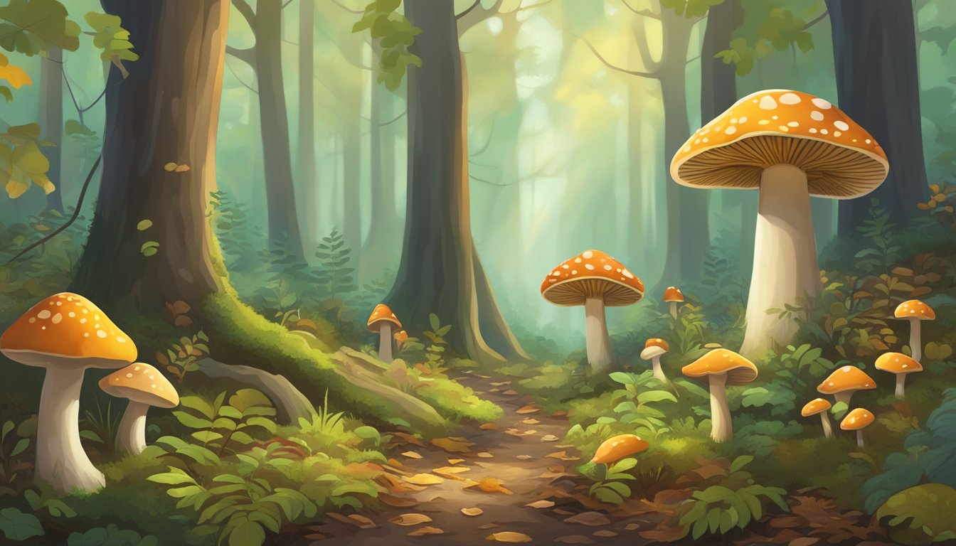 A lush Louisiana forest with diverse mushrooms growing among fallen leaves and moss-covered trees