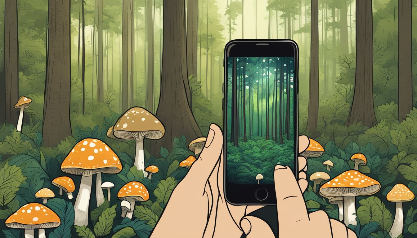 Sunlight filters through the dense forest canopy as a person uses a smartphone to identify and map out various mushroom species found in the damp Louisiana soil