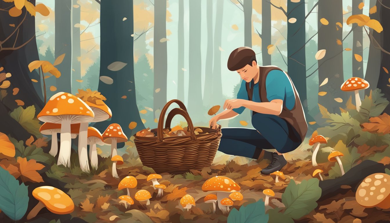 A forest floor with various types of mushrooms scattered among fallen leaves and twigs, with a person in the background holding a basket and searching for mushrooms