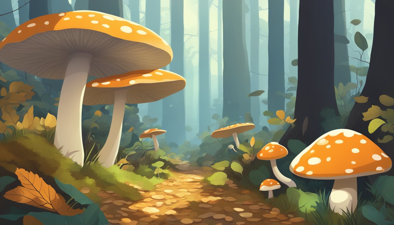 A forest floor with various types of mushrooms growing among fallen leaves and moss. Sunlight filters through the trees, casting dappled shadows