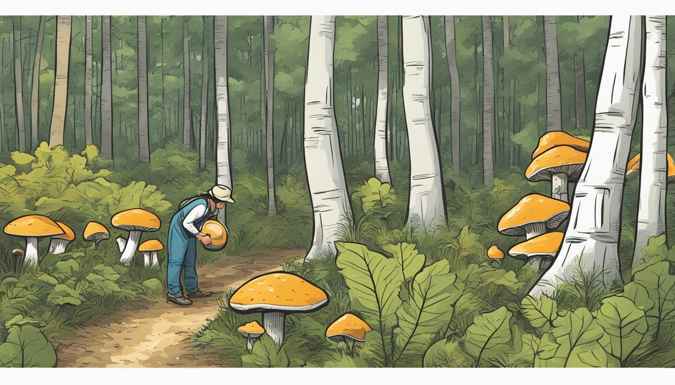 A person carefully collects wild mushrooms in a forest clearing, mindful of ethical foraging guidelines. Signs nearby indicate legal considerations for Massachusetts mushroom hunting