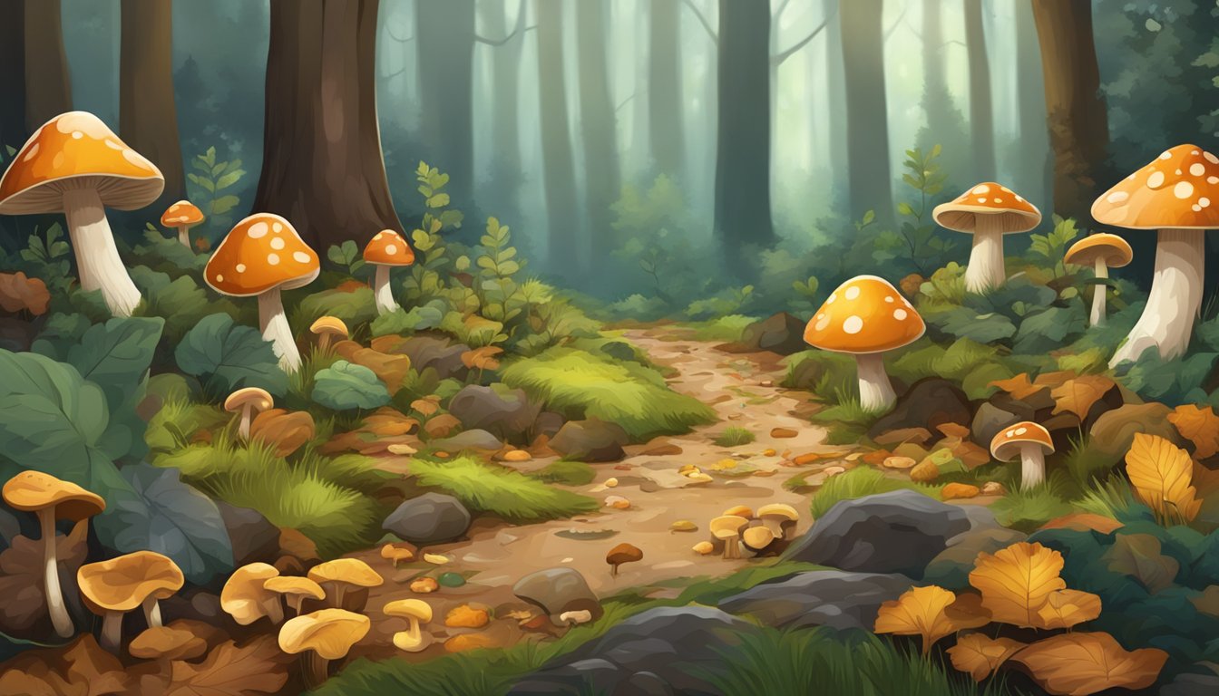 A forest floor with fallen leaves and various types of mushrooms growing among the trees