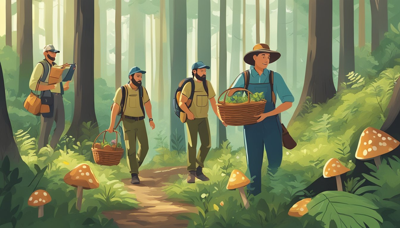 A group of people gather in a lush forest, searching for mushrooms in Massachusetts. They carry baskets and field guides, eagerly exploring the woodland