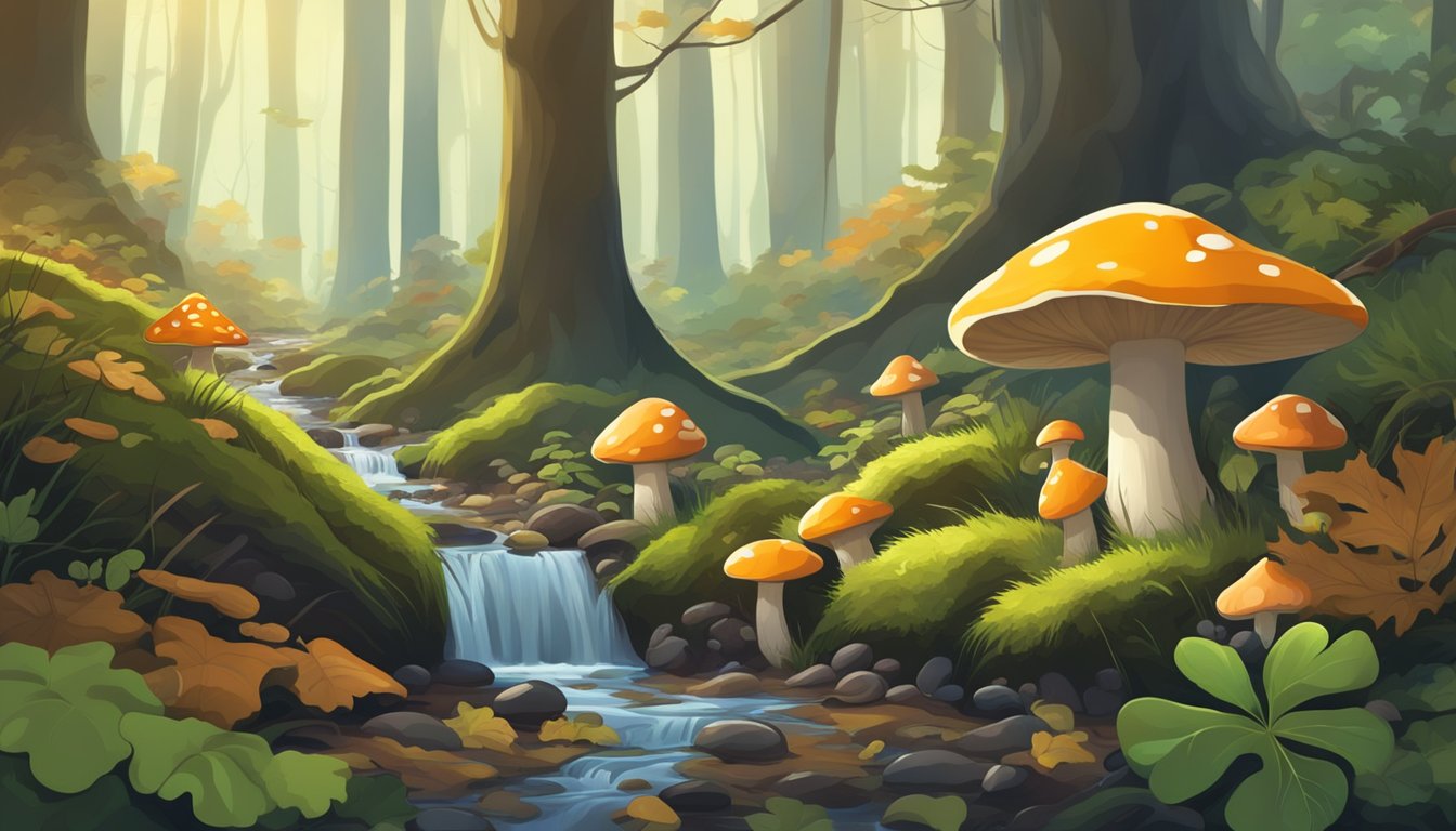 A lush forest floor with a variety of mushrooms growing among fallen leaves and moss. A small stream trickles nearby, surrounded by tall trees