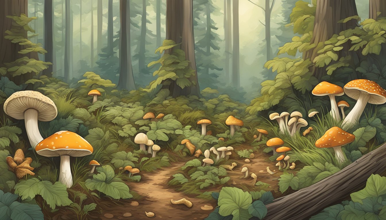 A forest floor with various types of mushrooms, including chanterelles and morels, surrounded by trees and foliage in Maryland