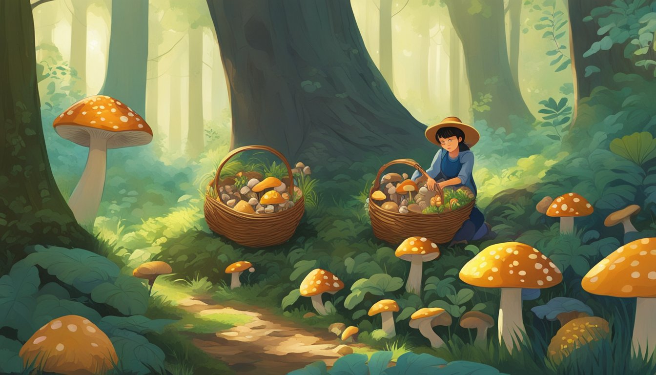 A figure crouches in a lush forest, carefully collecting various mushrooms into a woven basket. The dappled sunlight filters through the canopy, illuminating the colorful array of fungi on the forest floor