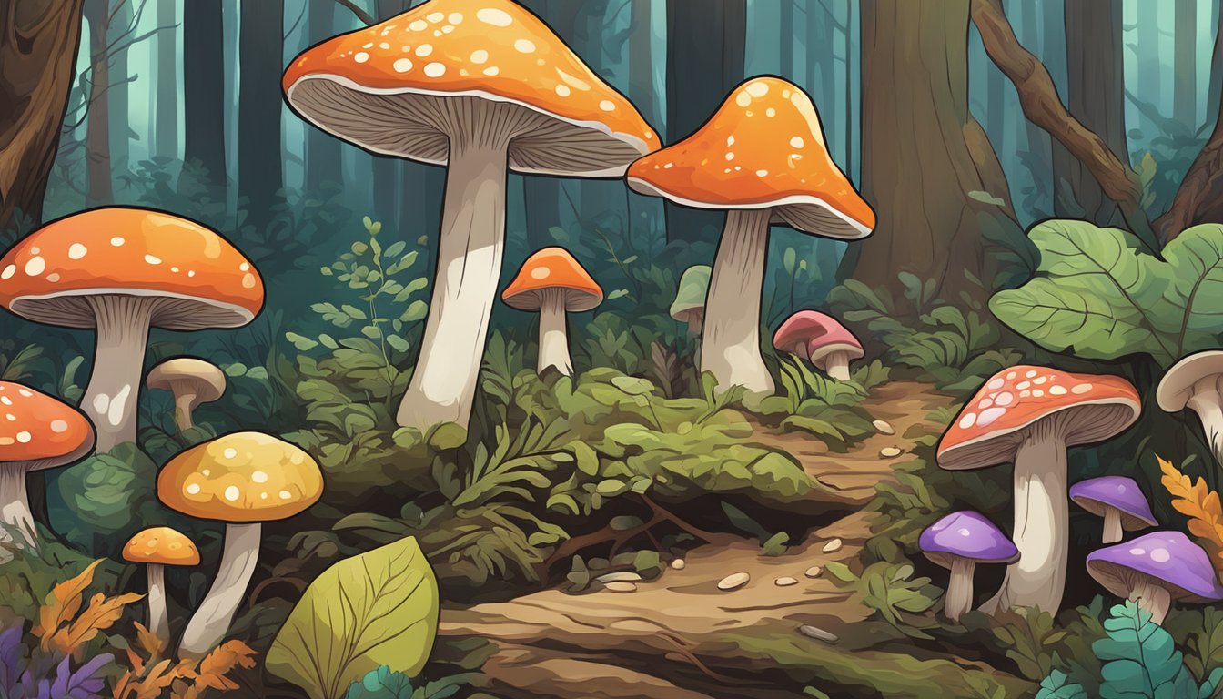 A forest floor with a variety of mushrooms, some with bright colors and distinctive markings, while others are more muted and blend into the background