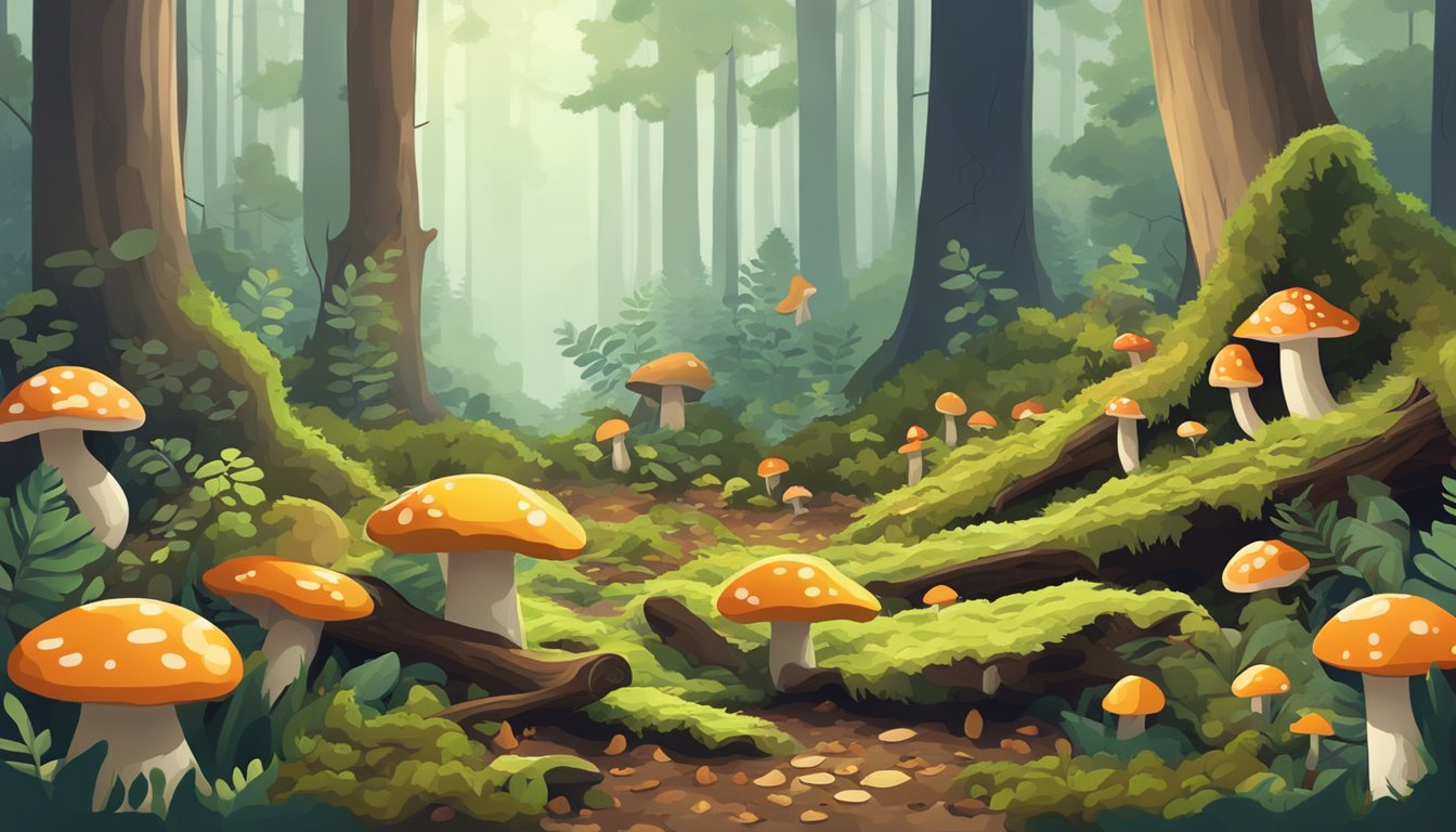 A dense forest floor with fallen leaves and moss-covered logs, scattered with various types of mushrooms in a variety of shapes, sizes, and colors