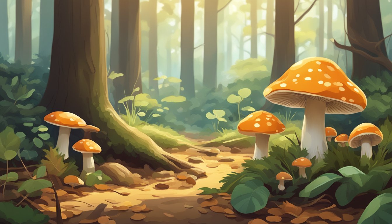 A lush forest floor with various types of mushrooms growing among fallen leaves and branches, surrounded by tall trees and dappled sunlight