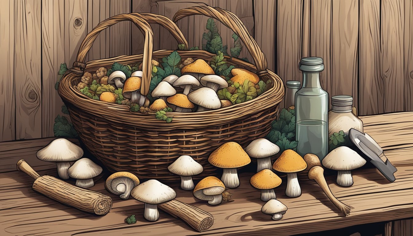 A wicker basket filled with freshly foraged mushrooms sits on a rustic wooden table, surrounded by various tools for cleaning and storing