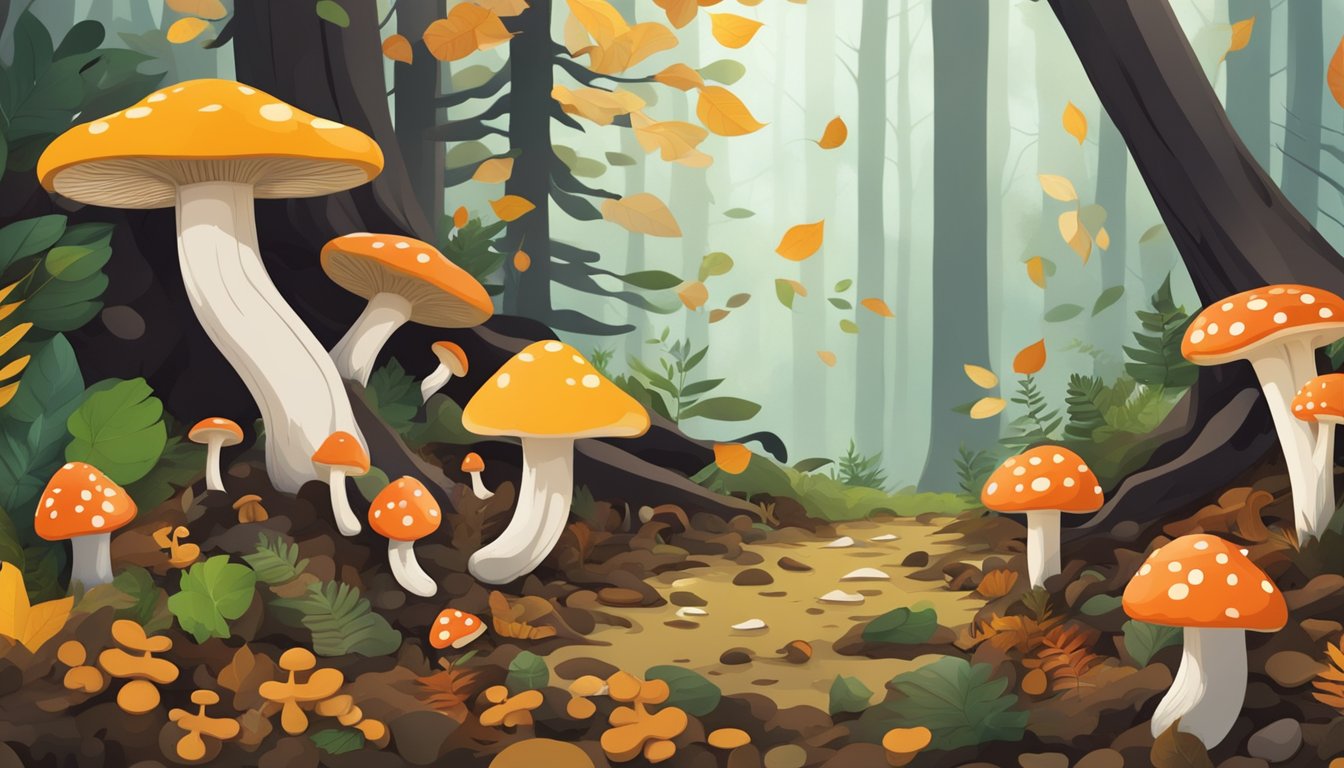 A forest floor with fallen leaves and tree roots, scattered with various types of mushrooms in different shapes and sizes