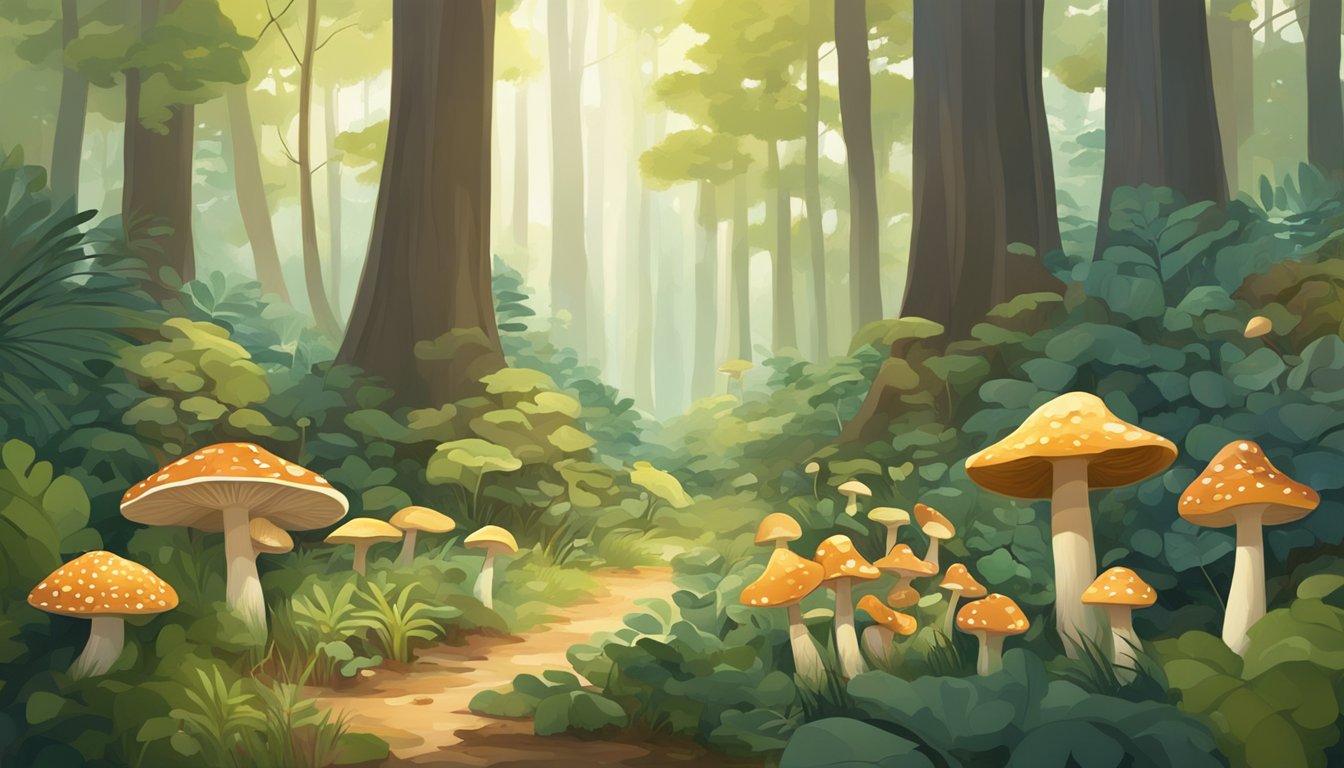 A lush forest floor in Mississippi, filled with a variety of mushrooms in different shapes, sizes, and colors. Tall trees and dappled sunlight create a serene atmosphere