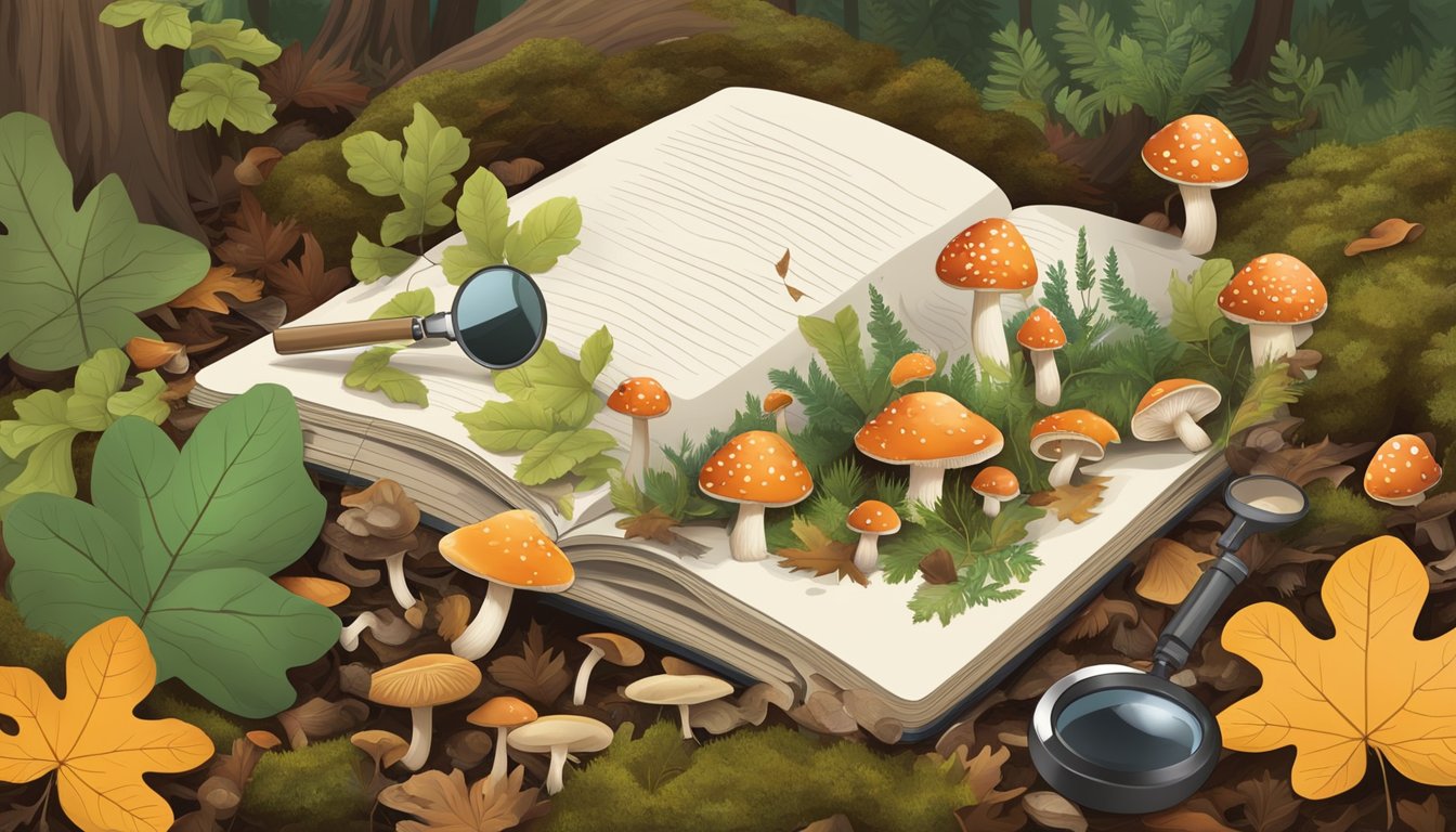 A forest floor with various types of mushrooms growing among fallen leaves and twigs, with a guidebook and magnifying glass nearby