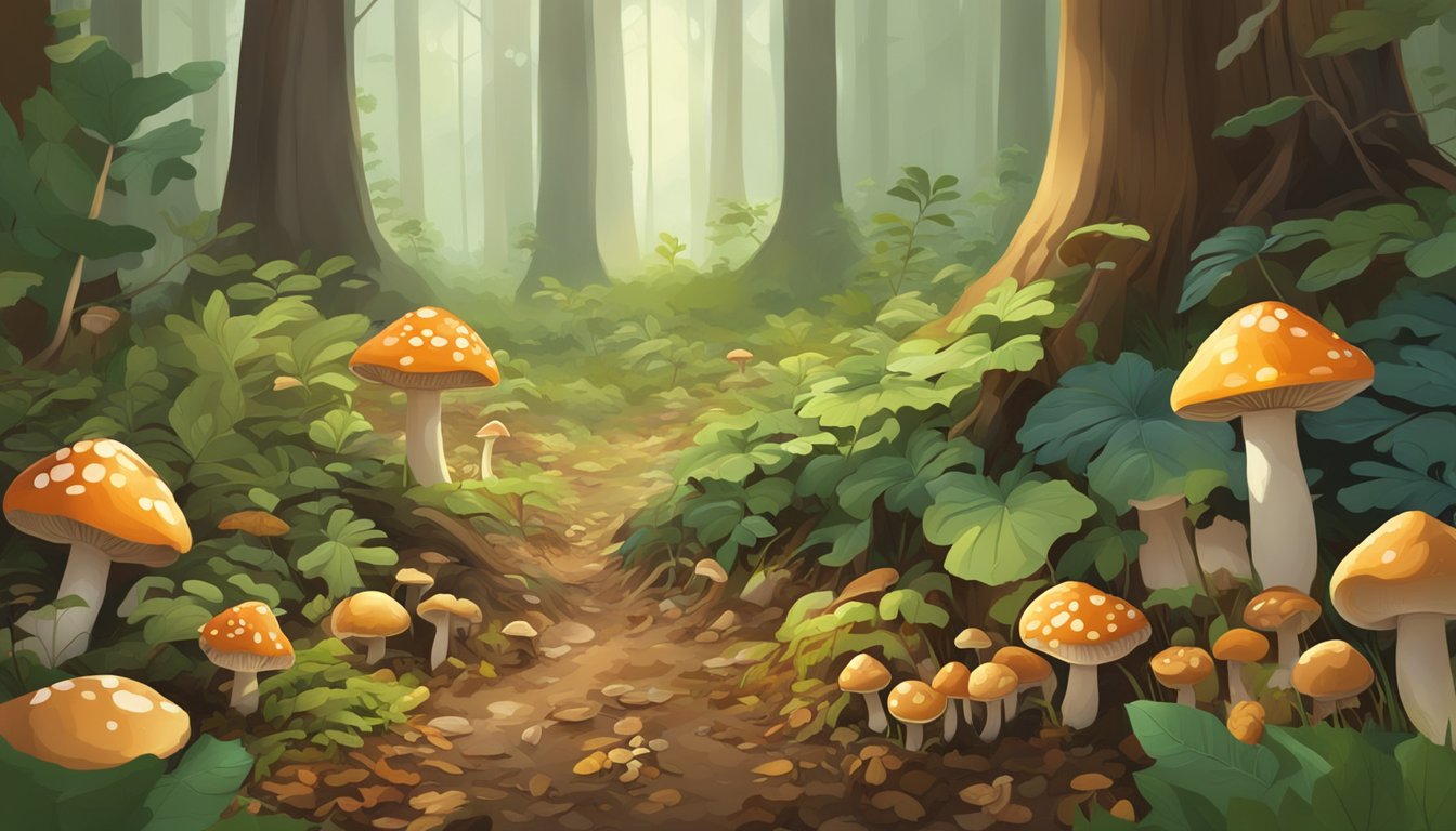 A lush forest floor in Mississippi, with various types of mushrooms sprouting from the earth, surrounded by fallen leaves and dappled sunlight