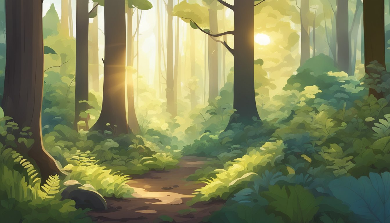 A dense forest floor with a variety of trees and underbrush, scattered with mushrooms of different shapes and sizes. Sunlight filters through the canopy above