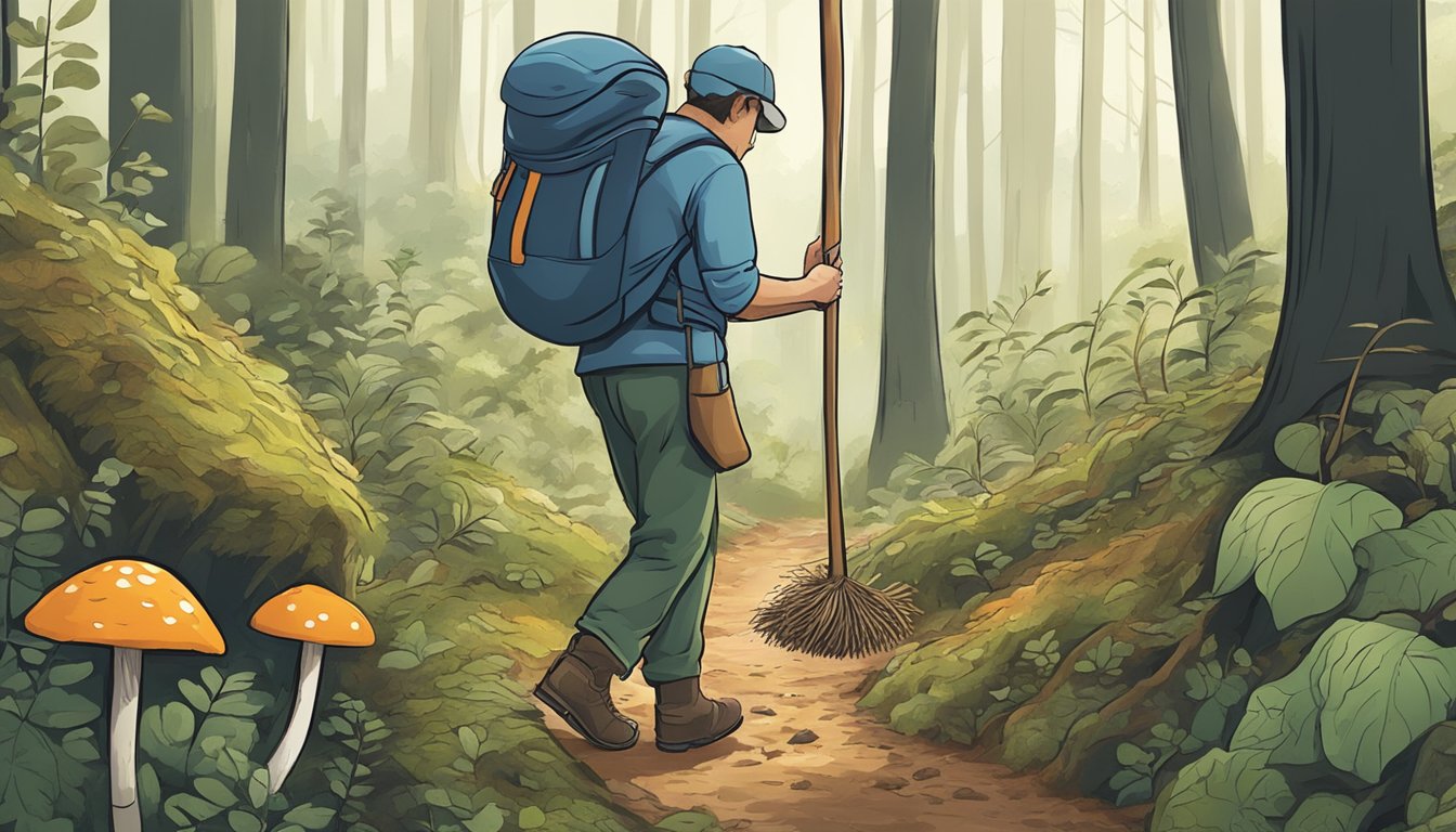 A person using a walking stick to carefully search through the forest floor for mushrooms, with a basket slung over their shoulder