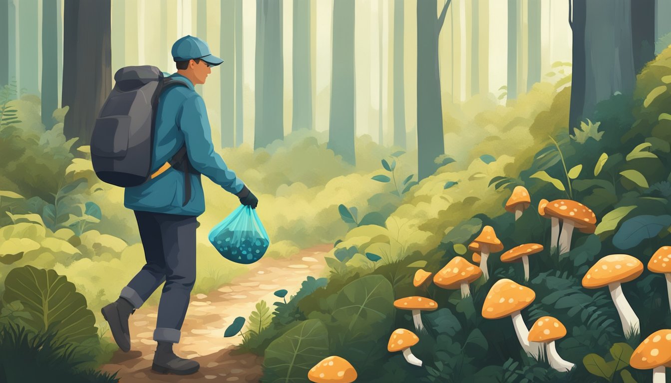 A person wearing gloves and carrying a mesh bag collects mushrooms in a forest, while being mindful of the environment and leaving some mushrooms behind