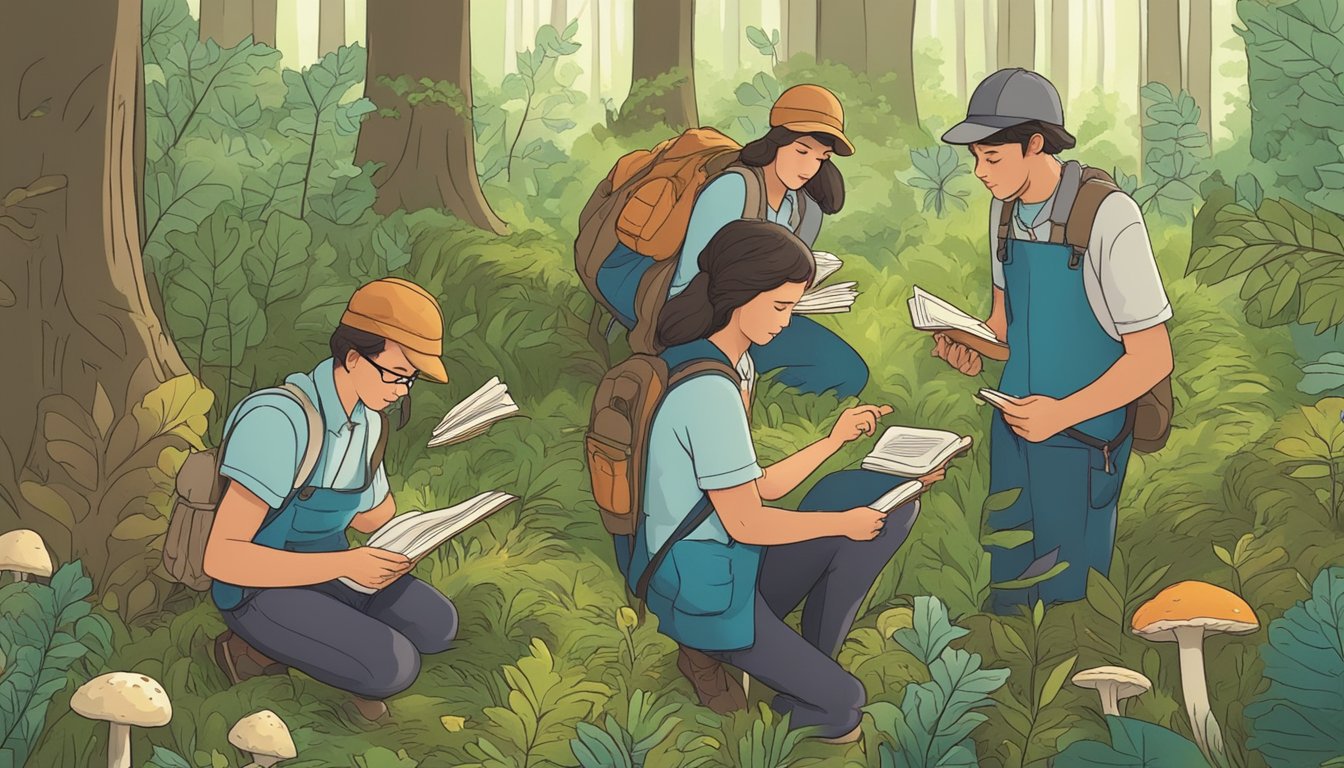 A group of people gather in a lush forest, carefully searching the ground for mushrooms. They consult guidebooks and share knowledge, pointing out various fungi