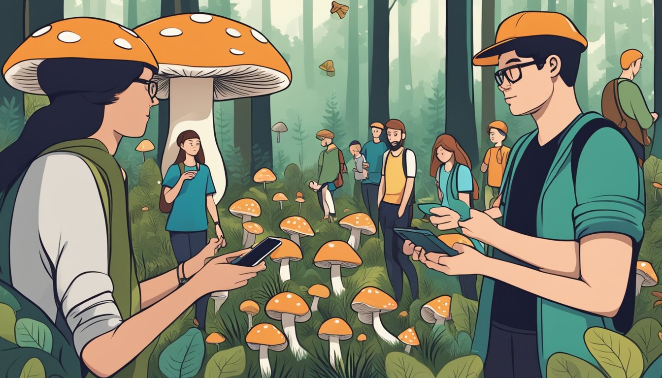 A person using a smartphone to identify mushrooms in a forest surrounded by a group of people collaborating and sharing knowledge