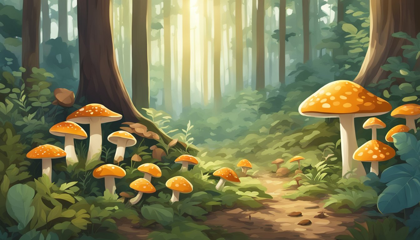 A forest floor scattered with various wild mushrooms, surrounded by trees and dappled sunlight