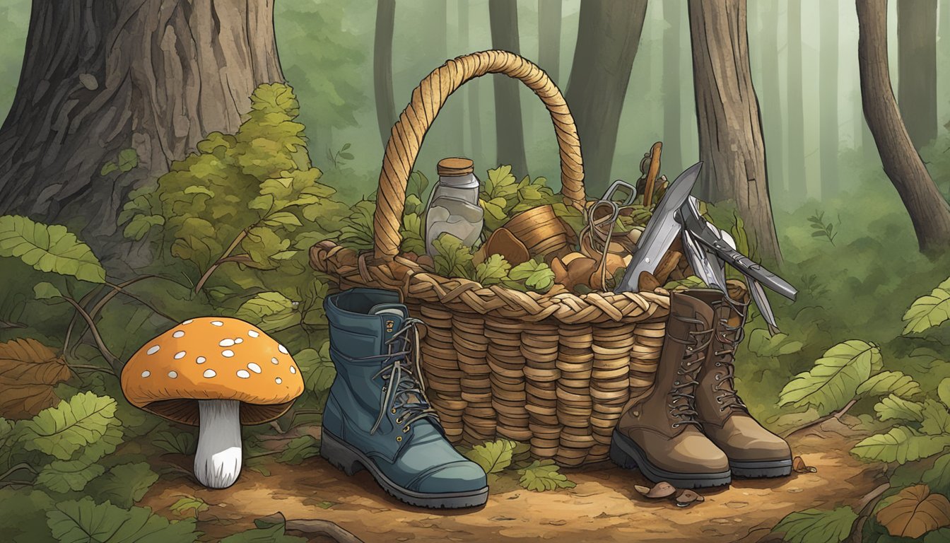 A basket filled with mushroom hunting gear and supplies sits next to a pair of sturdy boots and a foraging knife, ready to be used in the Missouri woods