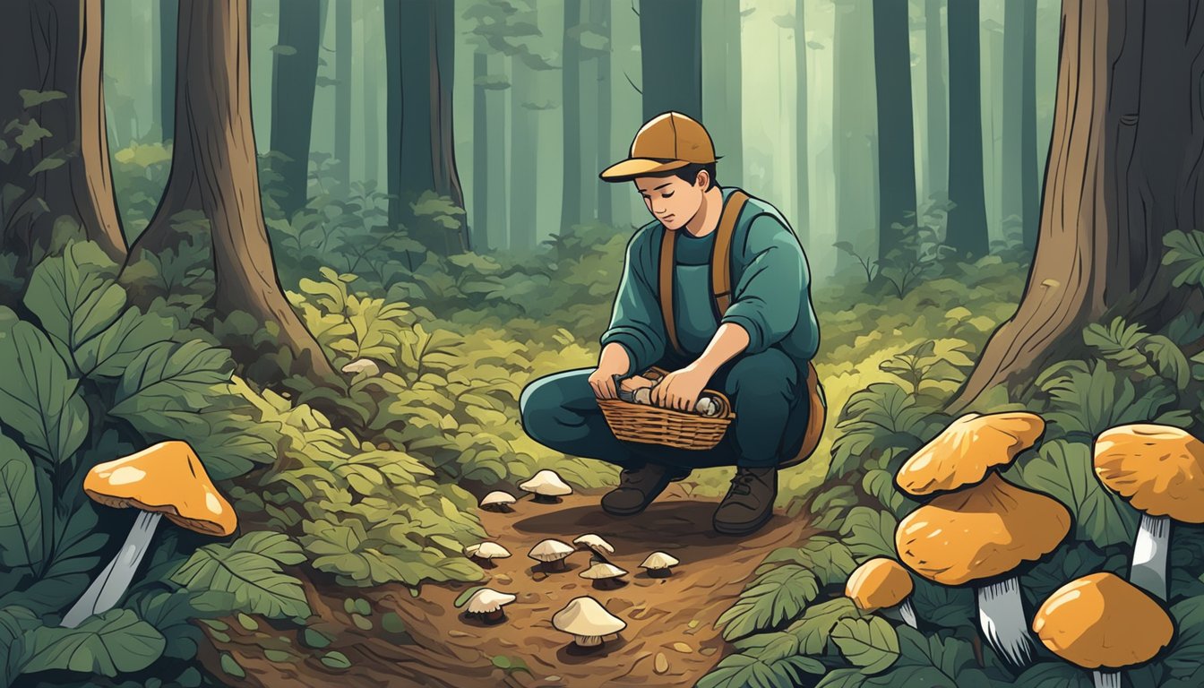 A person in a forest, using a knife to carefully cut mushrooms from the ground, while a basket and foraging bag sit nearby