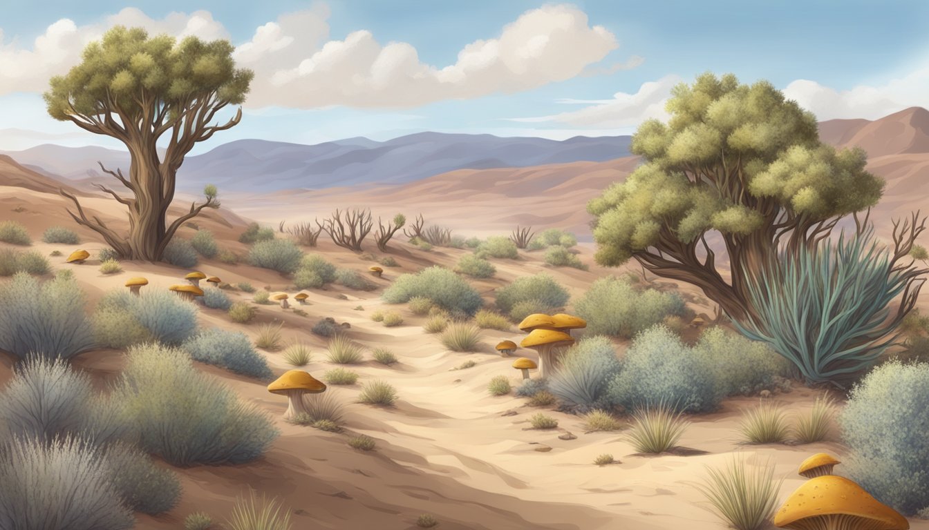 A desert landscape with sagebrush and juniper trees, scattered with various types of mushrooms growing on the sandy soil