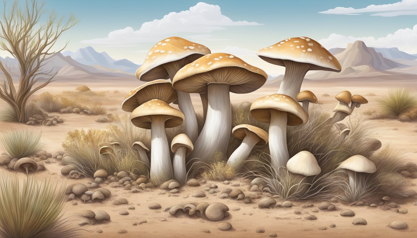 A variety of edible mushrooms growing in the Nevada desert, surrounded by dry soil and sparse vegetation