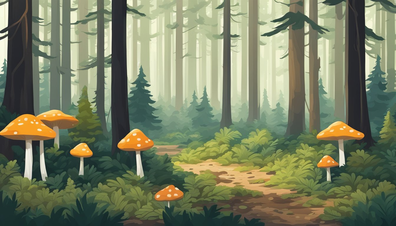 A dense forest floor with fallen logs and damp, shaded areas, surrounded by towering pine and fir trees. Mushrooms of various shapes and sizes dot the ground