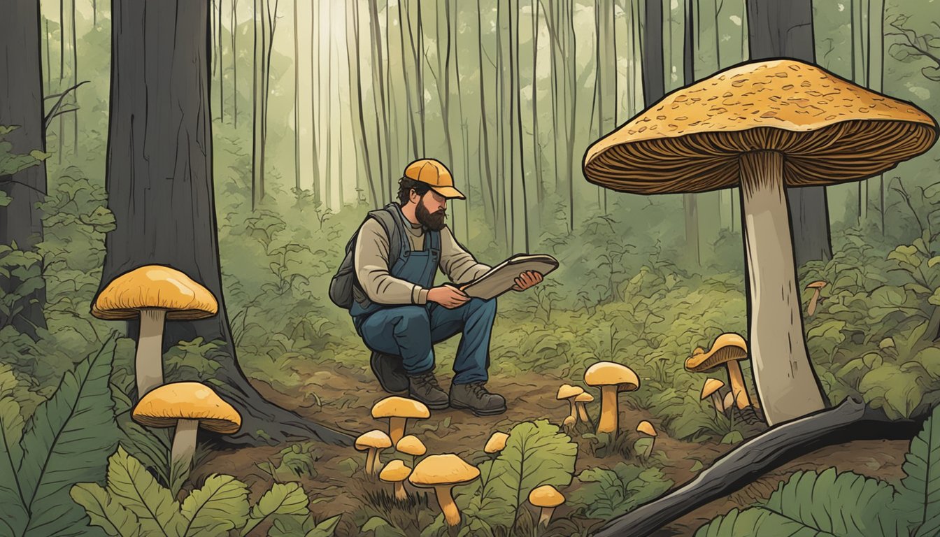 A person carefully gathers wild mushrooms in a Nebraska forest, leaving behind untouched specimens to ensure sustainable harvesting