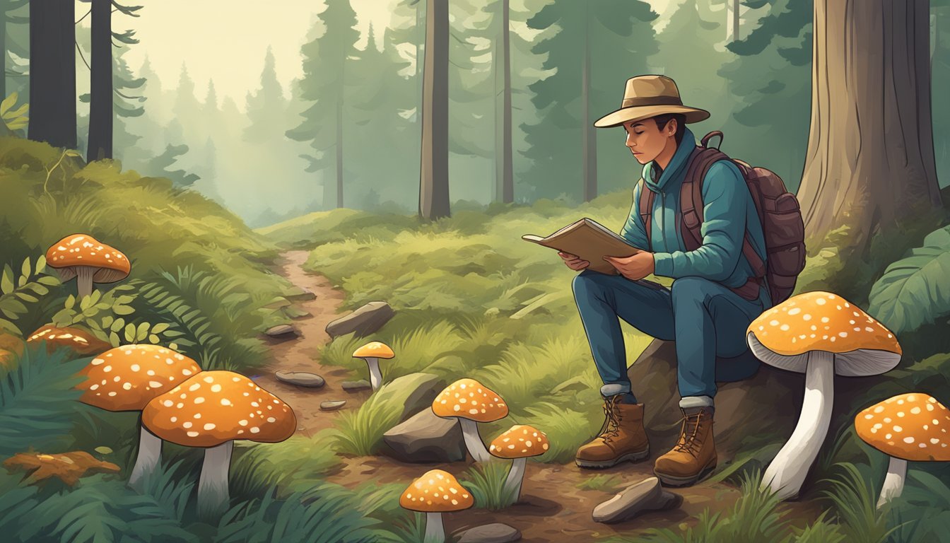 A person in a wide-brimmed hat and hiking boots carefully examines mushrooms in a forest clearing, surrounded by signs warning of legal and safety considerations