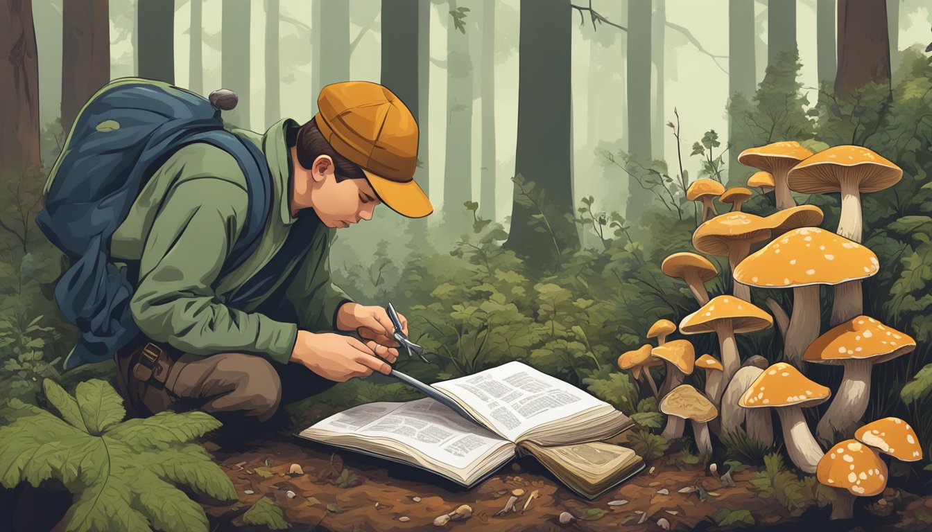 A person carefully examines and collects various wild mushrooms in a forest, using a guidebook and small knife. They leave behind any damaged or immature specimens