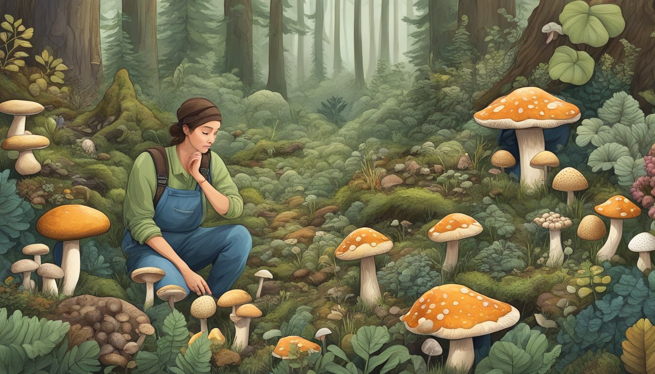 A person in a forest, identifying and preserving mushrooms, surrounded by various types of fungi and plant life