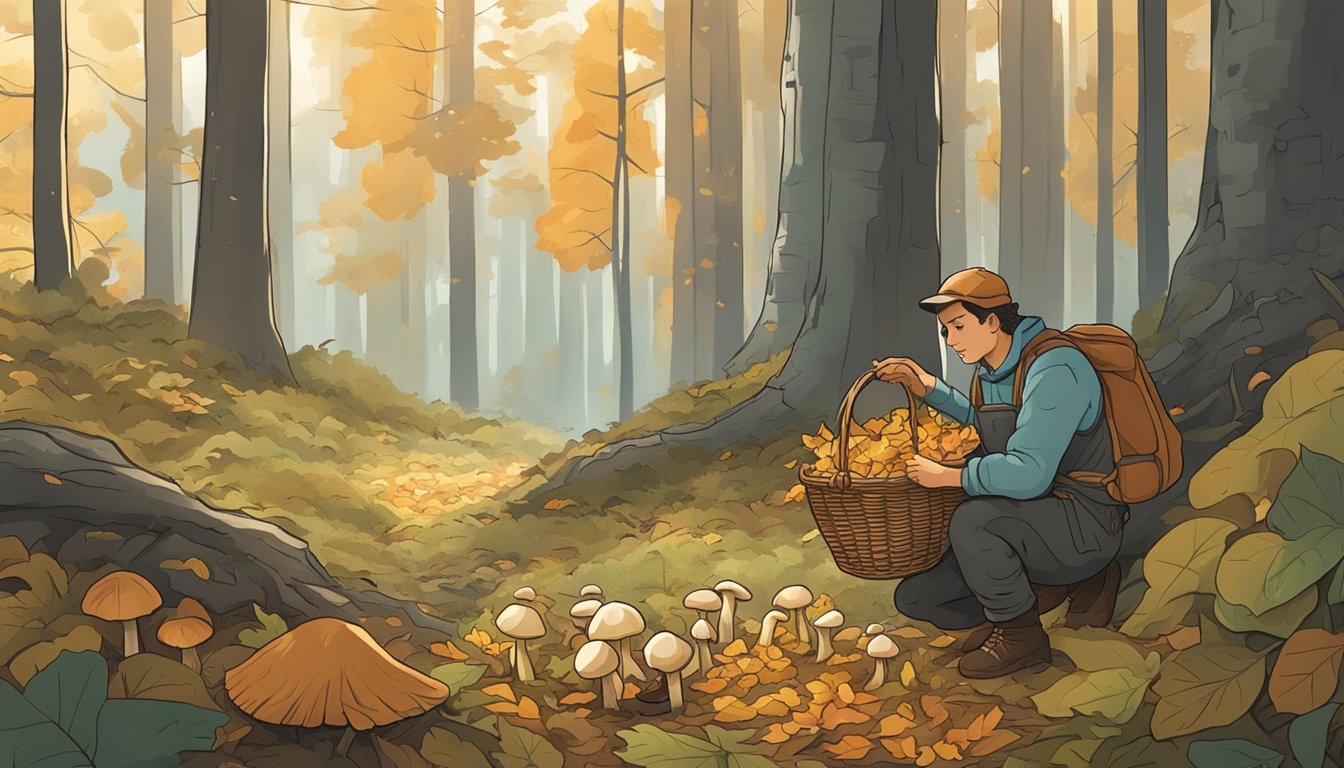 A figure crouches in a forest, carefully lifting fallen leaves to reveal clusters of wild mushrooms. A basket sits nearby, gradually filling with the day's harvest