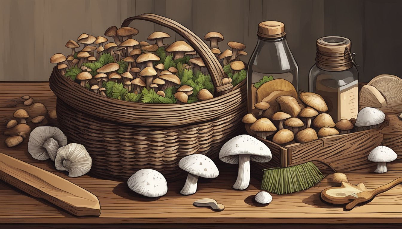 A wooden table covered in freshly foraged mushrooms, with a knife, brush, and basket nearby for cleaning and storing