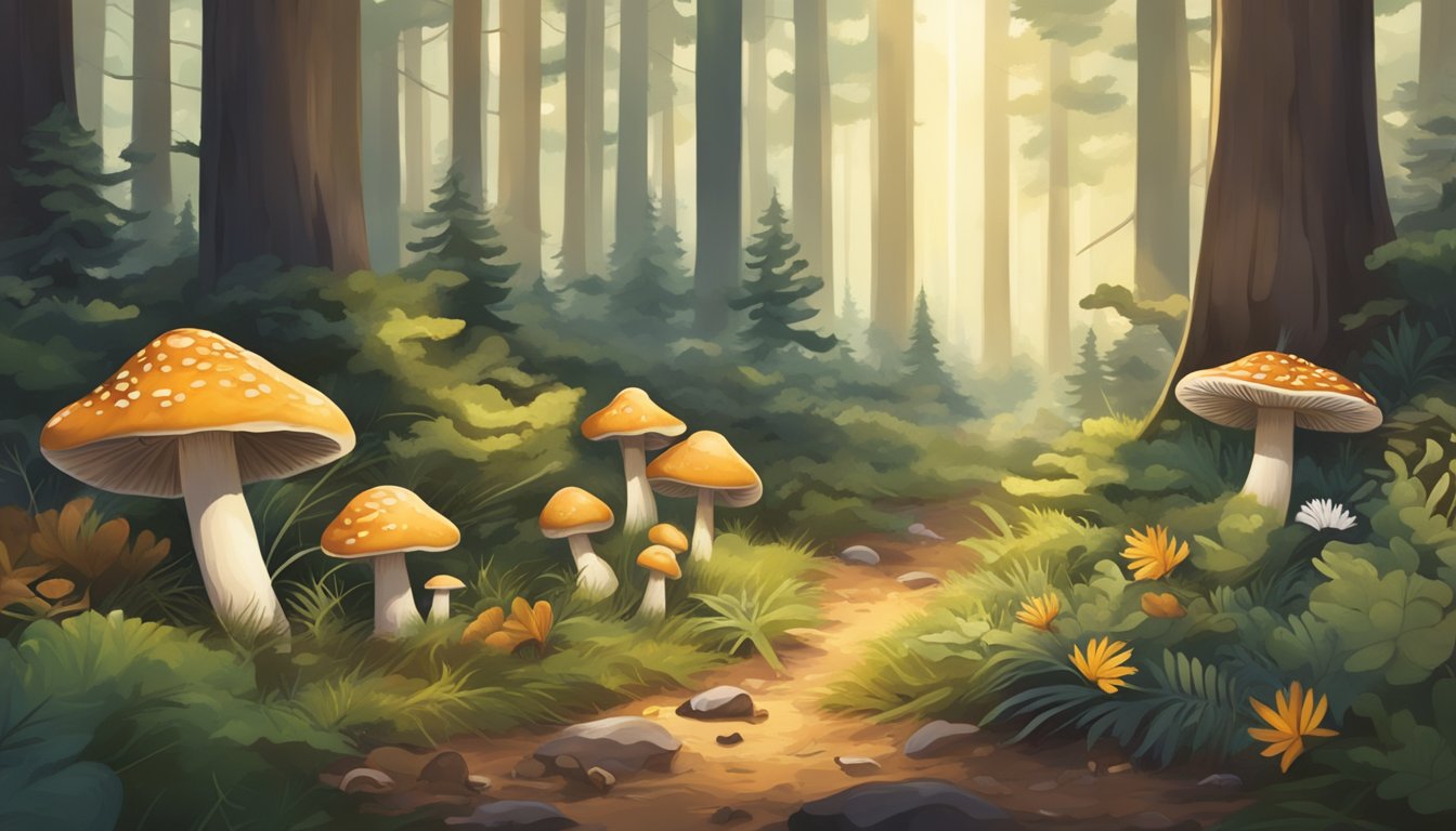 A forest floor scattered with various wild mushrooms, surrounded by pine trees and dappled sunlight