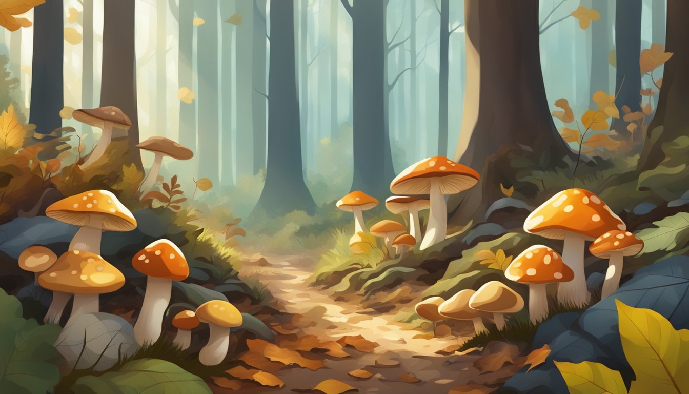 A forest floor with various types of mushrooms growing among fallen leaves and twigs, with dappled sunlight filtering through the trees above