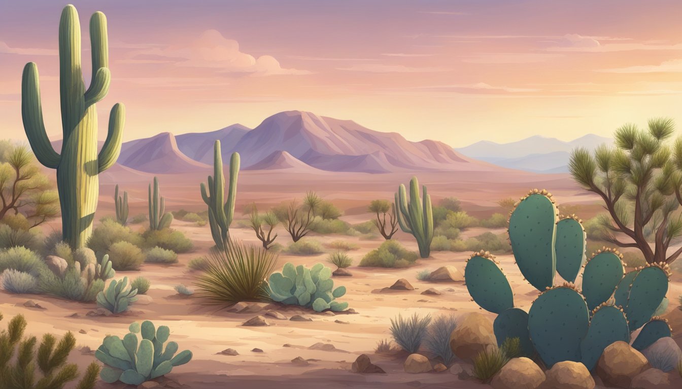 A desert landscape with prickly pear cacti, juniper trees, and rocky terrain. A variety of mushrooms grow among the dry earth and fallen branches