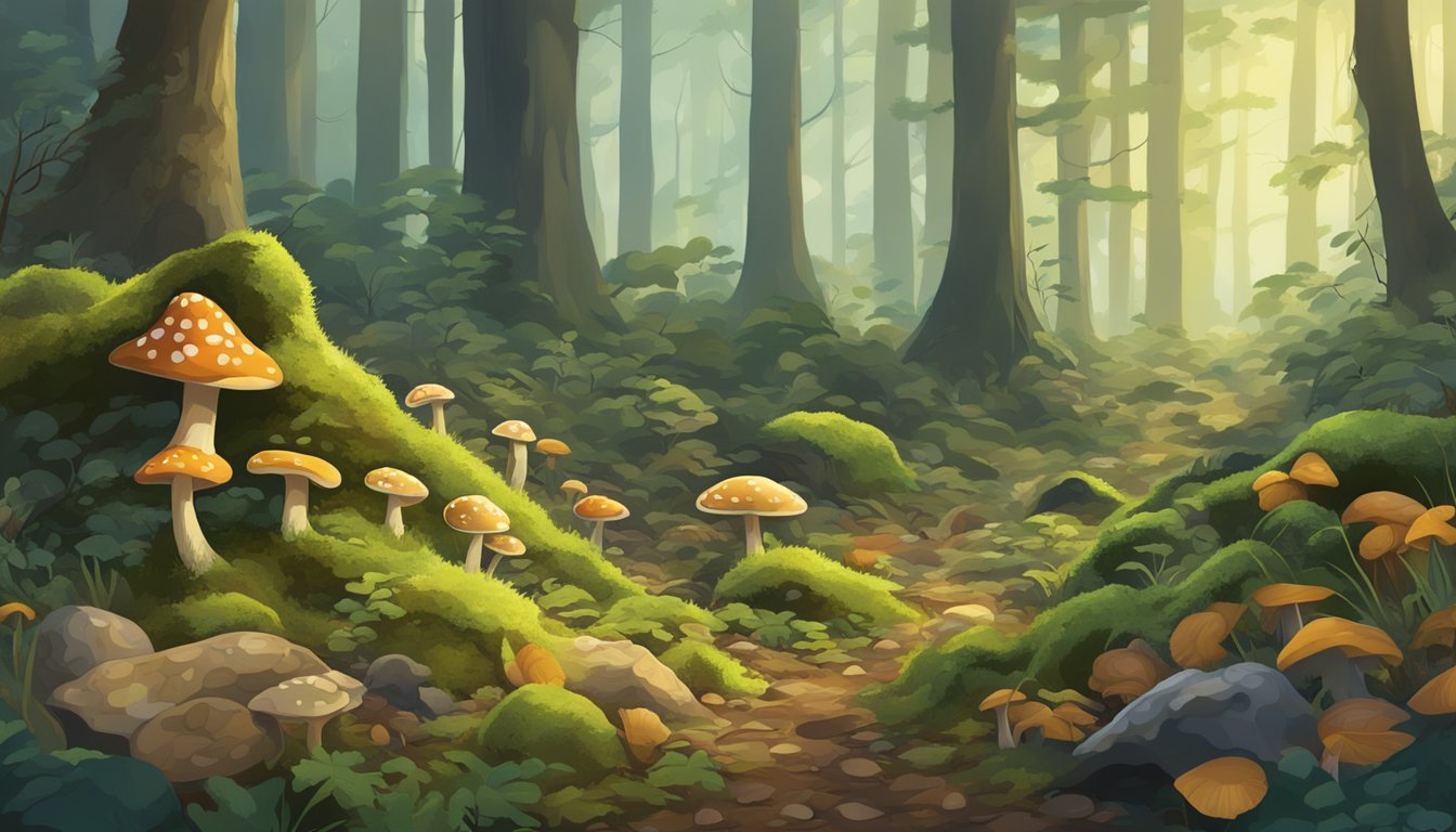 A forest floor with fallen leaves, moss-covered rocks, and various types of mushrooms growing among the underbrush