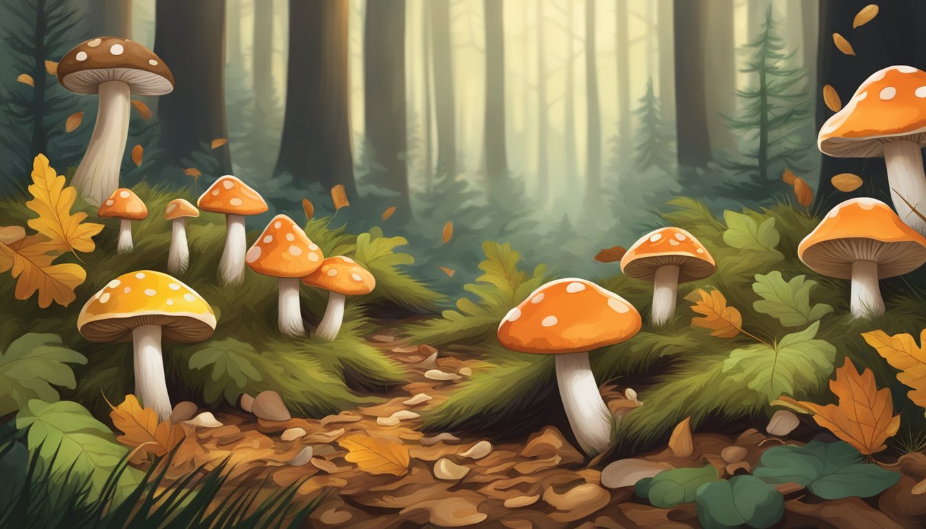 A forest floor with various types of mushrooms growing among fallen leaves and pine needles