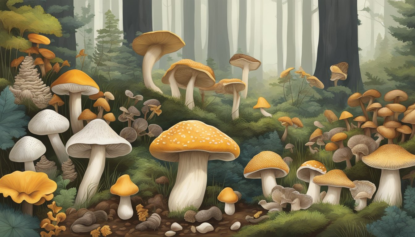 Various mushrooms in a forest setting, including chanterelles, morels, and oyster mushrooms. Each variety is shown with its unique identifying features such as color, shape, and texture