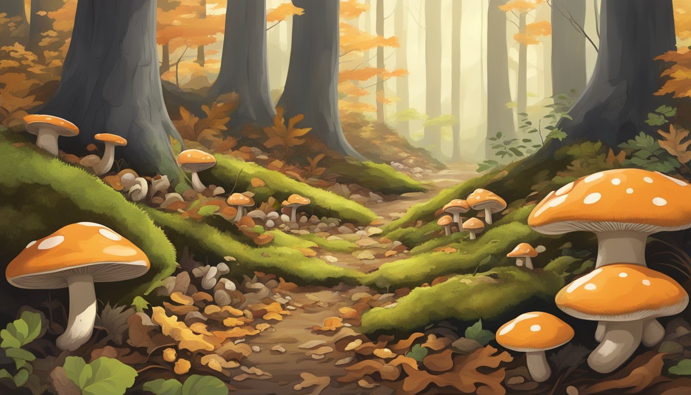 A forest floor with various types of mushrooms growing among fallen leaves and moss in New Hampshire