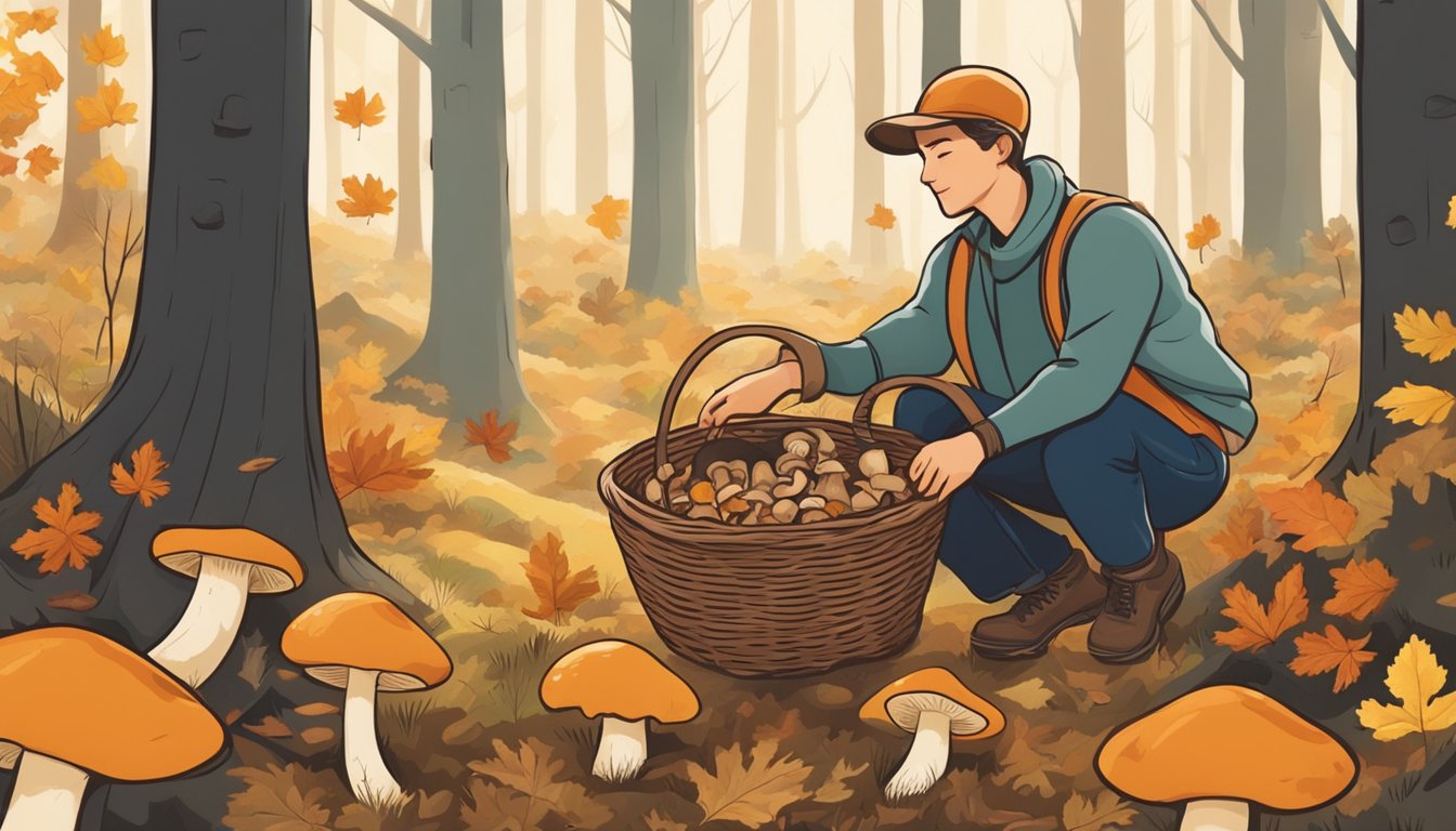 A person carefully gathering wild mushrooms in a forest clearing, surrounded by trees and fallen leaves. A basket filled with freshly picked mushrooms sits nearby