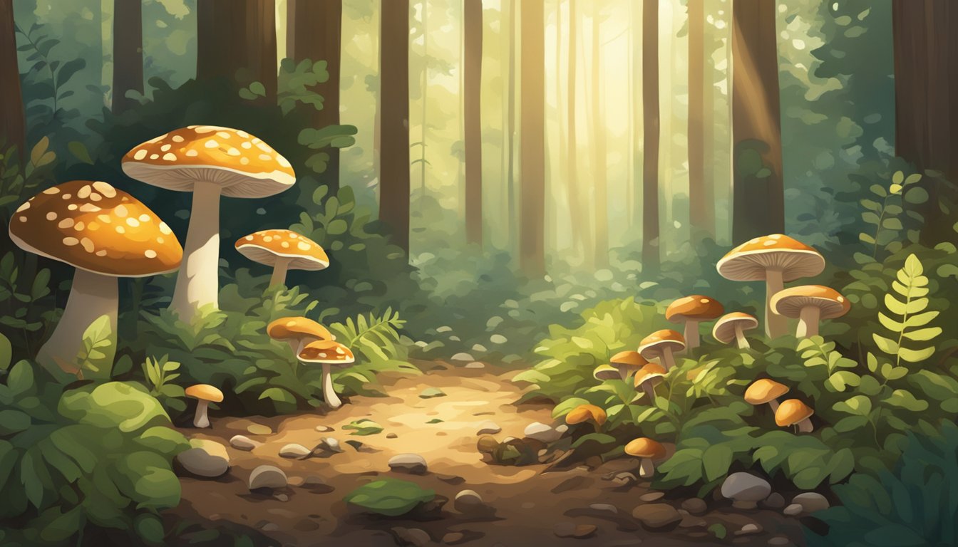 A forest floor scattered with various types of mushrooms, surrounded by tall trees and dappled sunlight filtering through the leaves