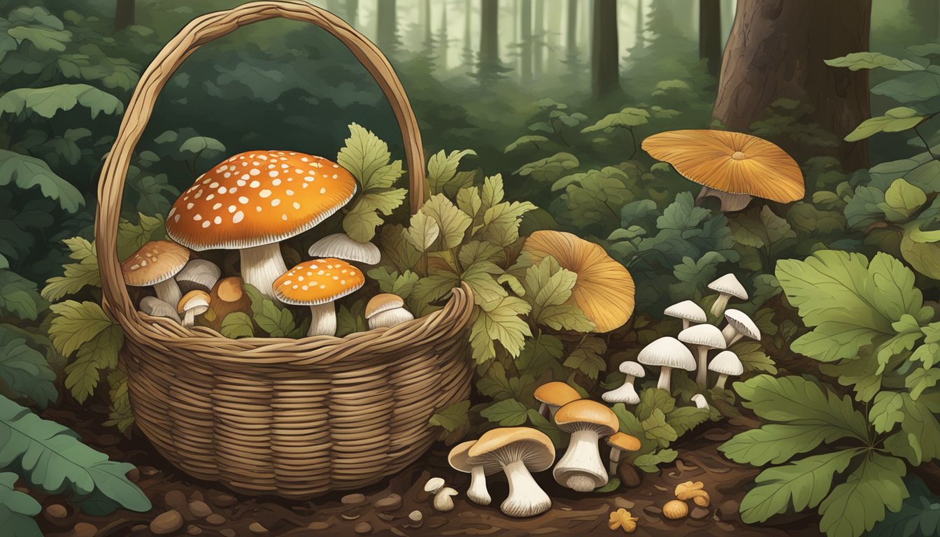 A forest floor covered in various types of freshly picked mushrooms, with a woven basket filled with the day's harvest sitting nearby